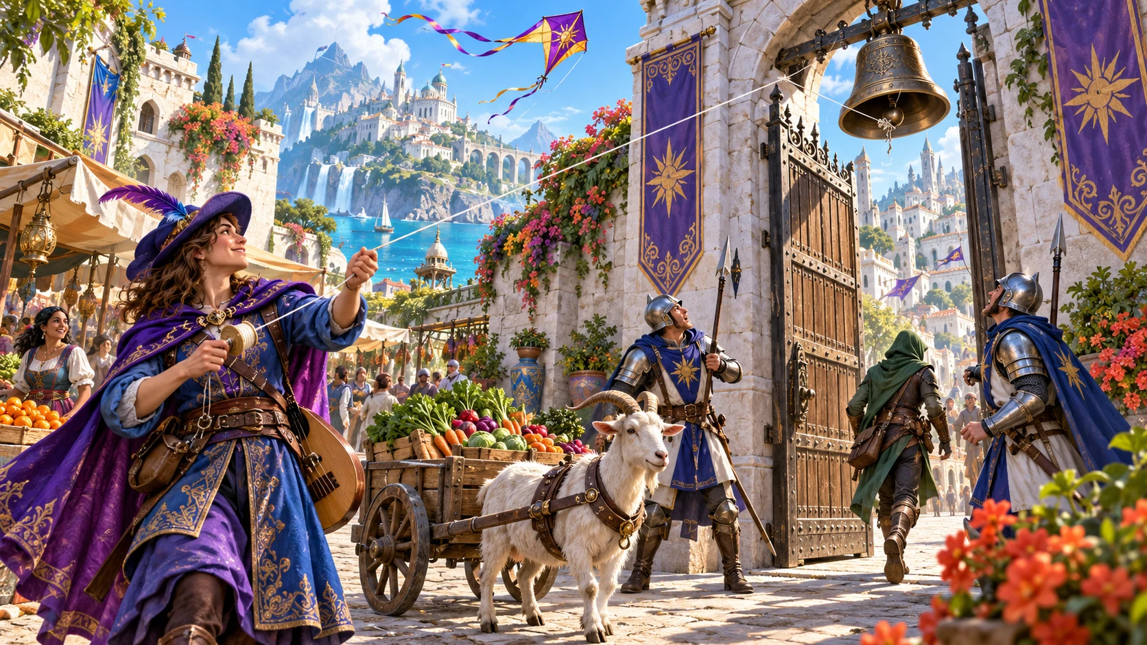 A fantasy adventurer flies a kite beside a bell, startled guards and a goat cart at a city gate.