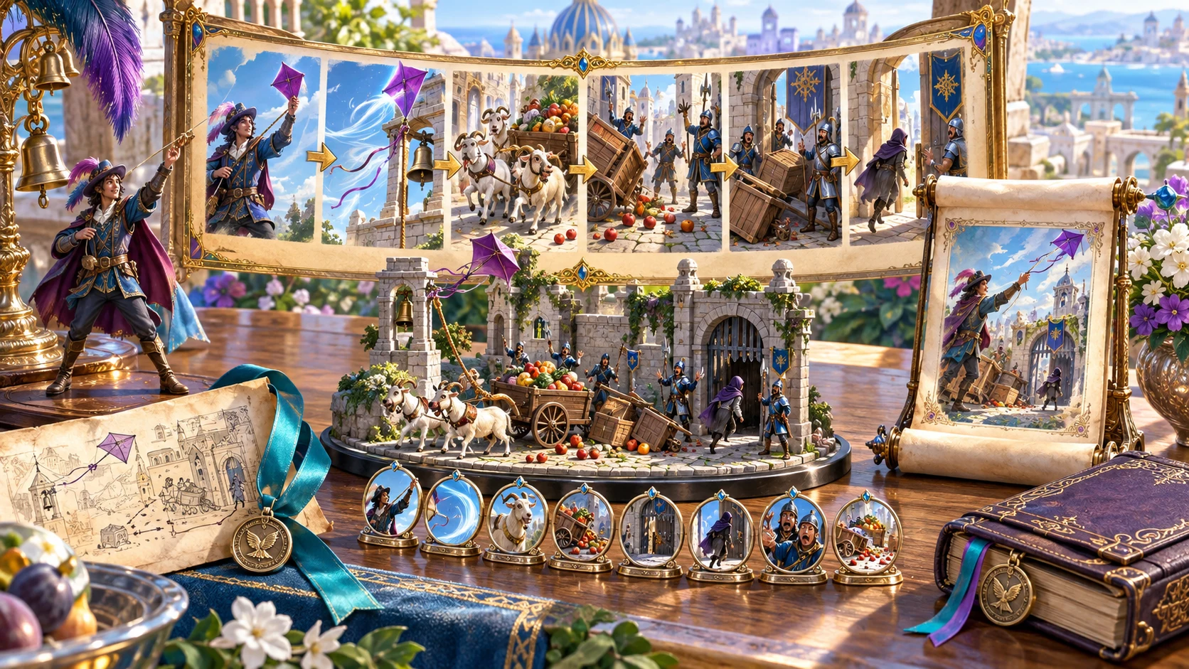 An illustrated sequence connects a kite and bell to a goat cart, distracted guards and a successful passage through a fantasy gate.